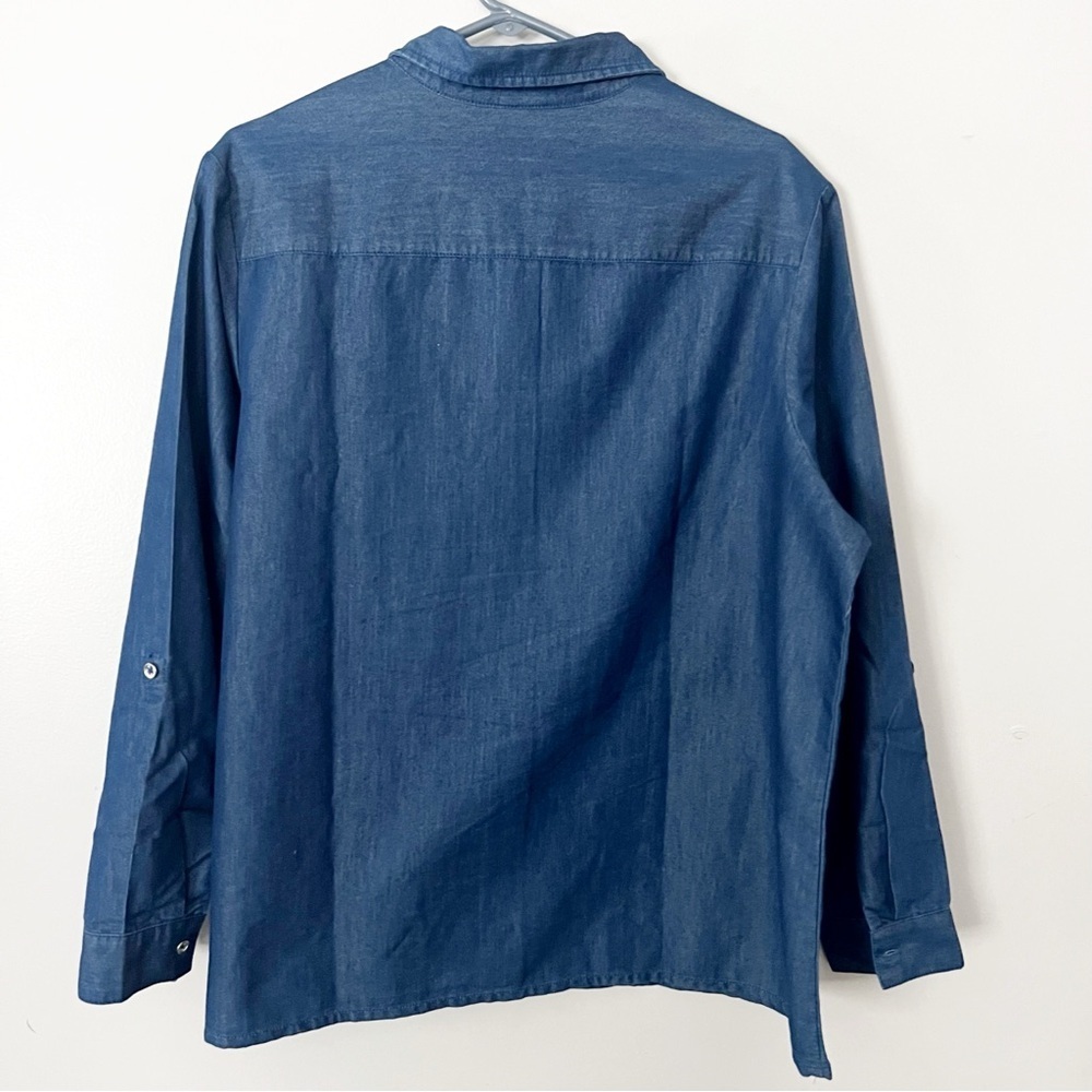 Blair Floral Embroidered Chambray Button Down Shirt XL Long Roll Tab Sleeve Boho - Picture 8 of 8
